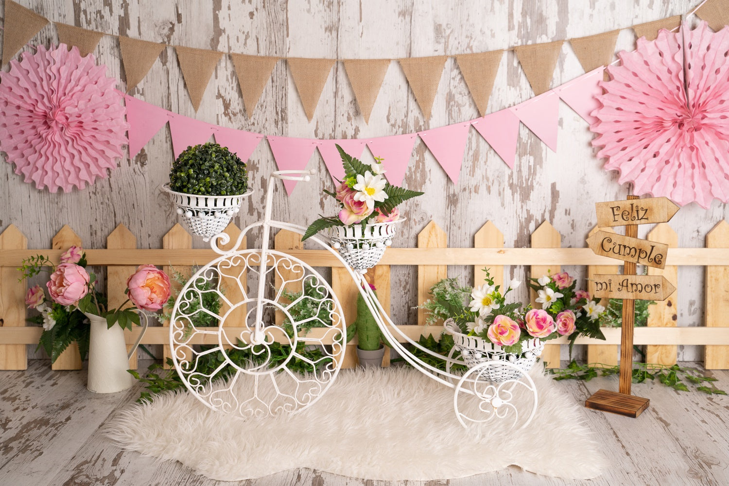 Spring Picture Backdrops Floral Bicycle Fence Party Backdrop BRP12-506