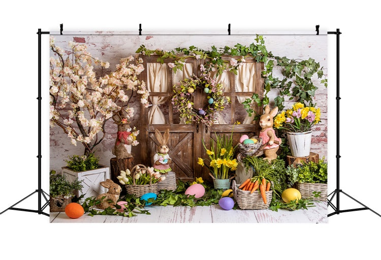 Easter Spring Backdrops Flowers Bunnies Wooden Door Backdrop BRP12-508