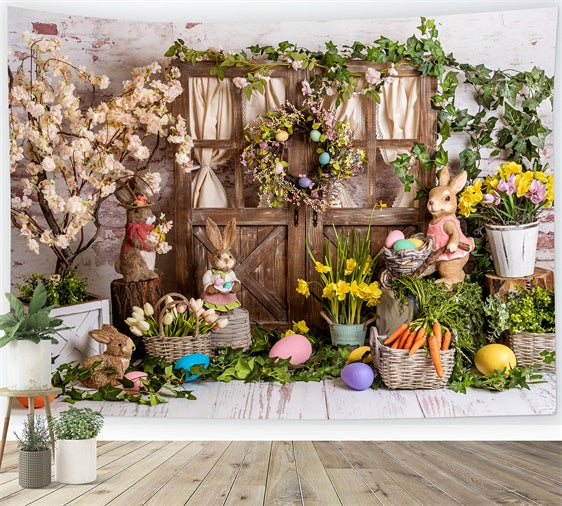 Easter Spring Backdrops Flowers Bunnies Wooden Door Backdrop BRP12-508