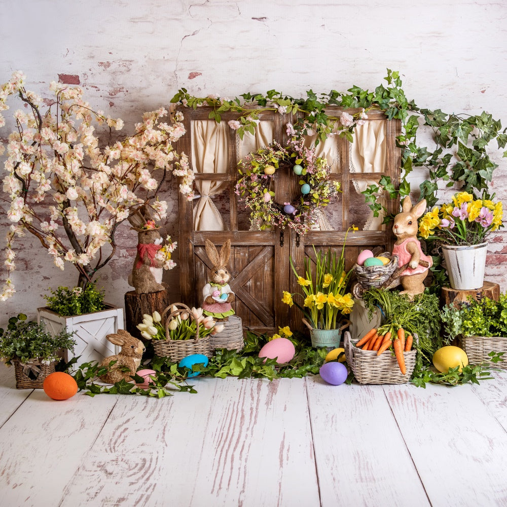 Easter Spring Backdrops Flowers Bunnies Wooden Door Backdrop BRP12-508