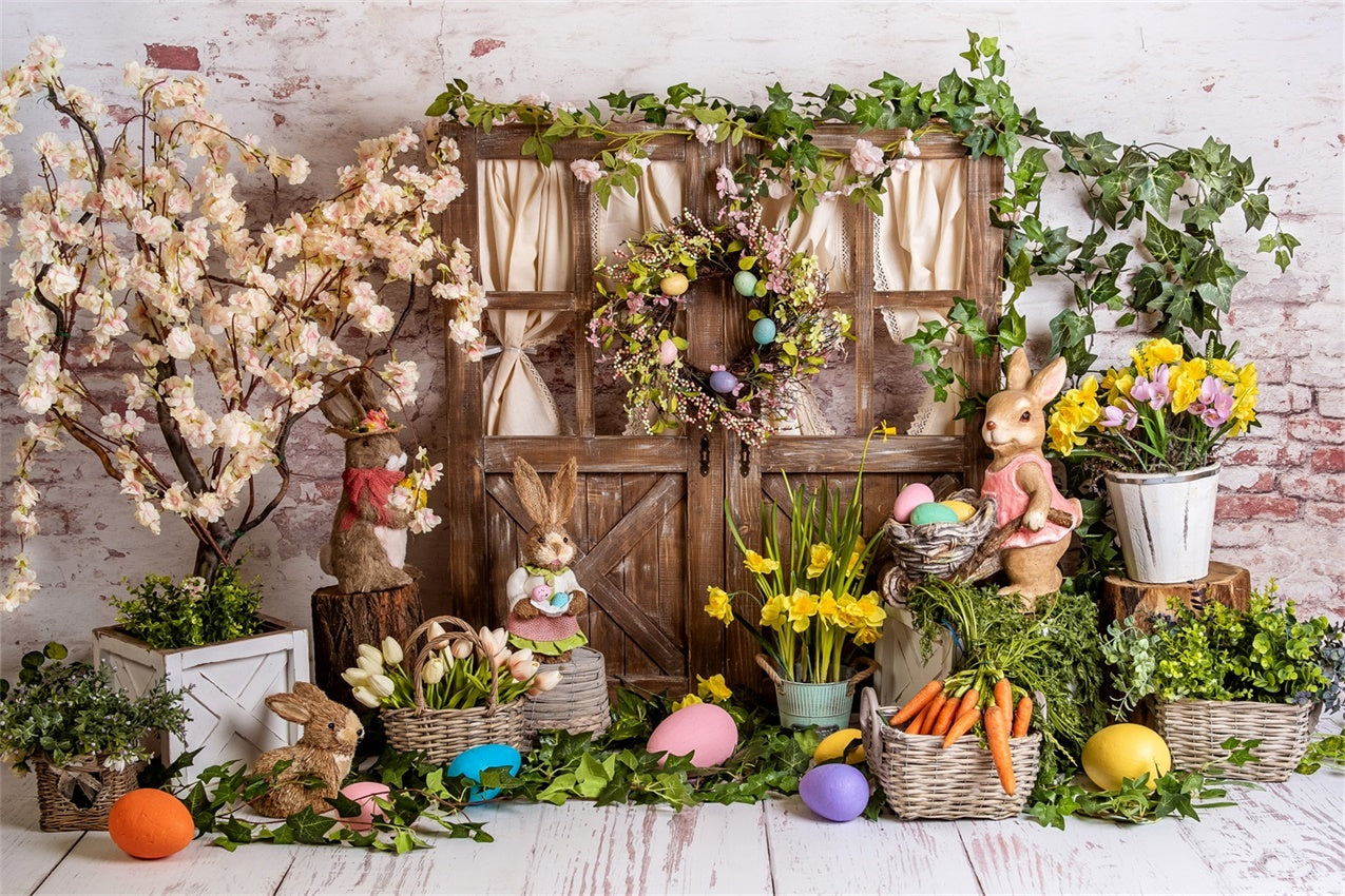 Easter Spring Backdrops Flowers Bunnies Wooden Door Backdrop BRP12-508