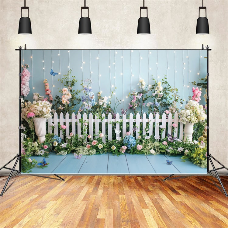 Spring Flower Backdrop Blossoms White Fence Photography Backdrop BRP12-509