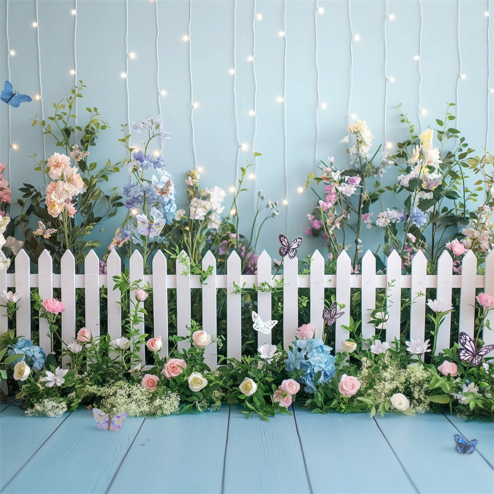 Spring Flower Backdrop Blossoms White Fence Photography Backdrop BRP12-509