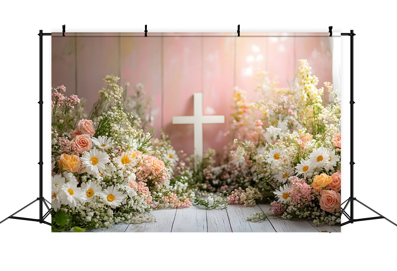 Photo Backdrop Spring Pastel Blossoms White Cross Backdrop BRP12-510