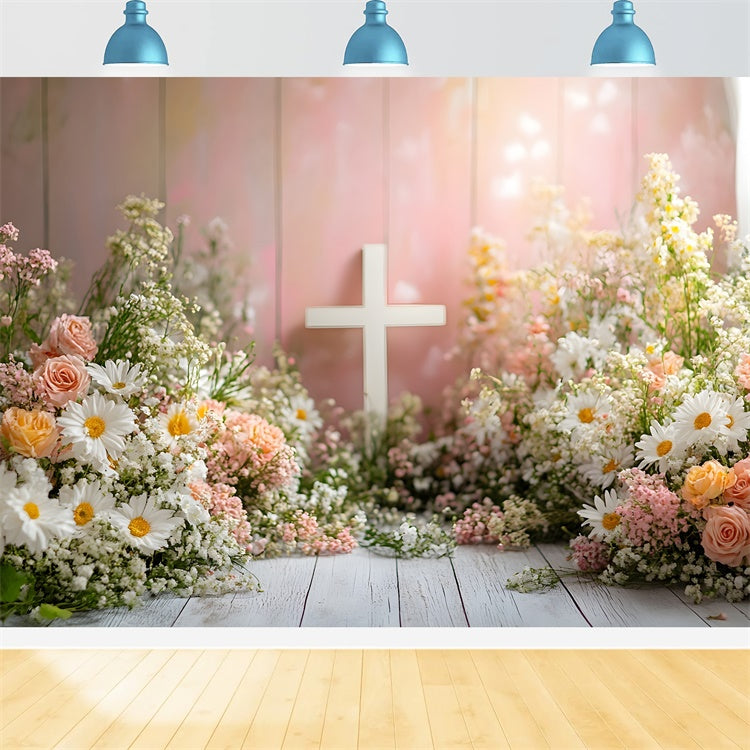 Photo Backdrop Spring Pastel Blossoms White Cross Backdrop BRP12-510