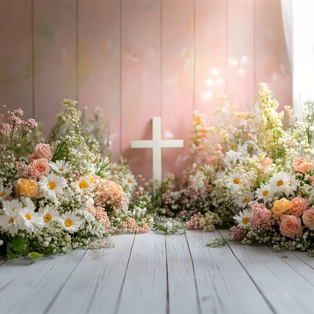 Photo Backdrop Spring Pastel Blossoms White Cross Backdrop BRP12-510