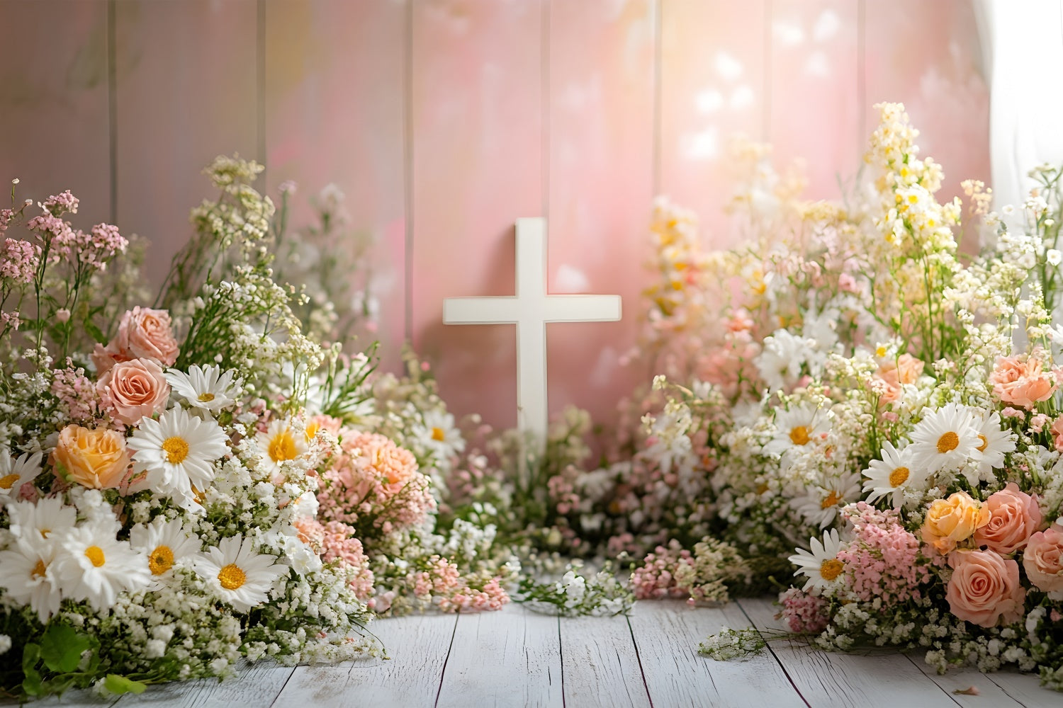 Photo Backdrop Spring Pastel Blossoms White Cross Backdrop BRP12-510