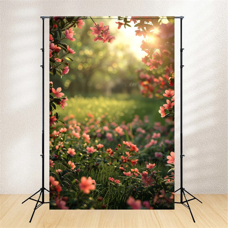 Spring Floral Backdrop Pink Blossoms Sunny Grass Backdrop BRP12-516