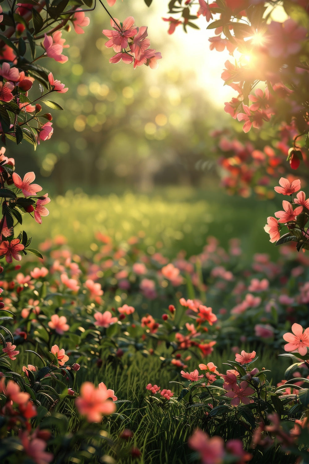 Spring Floral Backdrop Pink Blossoms Sunny Grass Backdrop BRP12-516