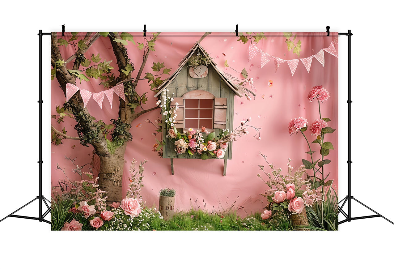 Backdrop Flowers Rustic Pink Treehouse Garden Backdrop BRP12-555