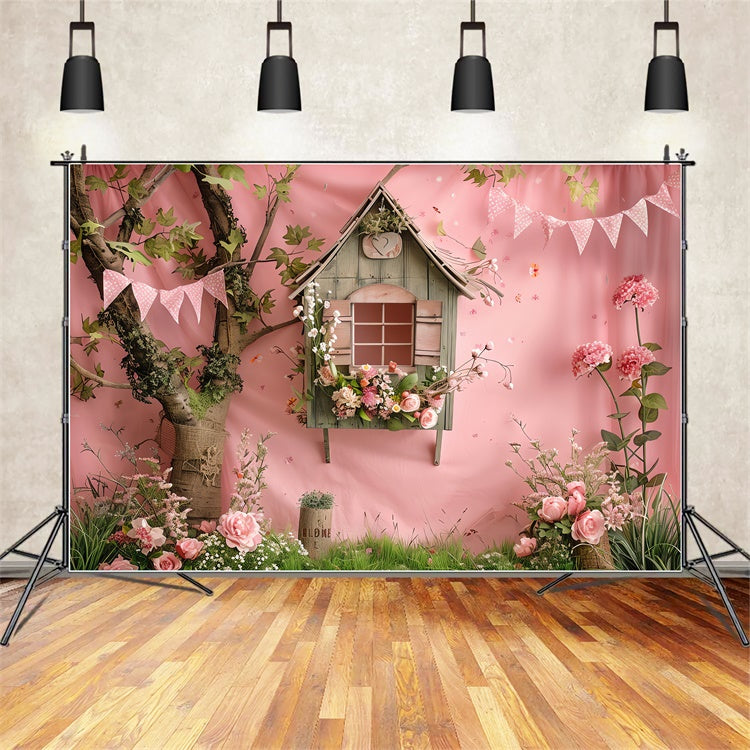 Backdrop Flowers Rustic Pink Treehouse Garden Backdrop BRP12-555