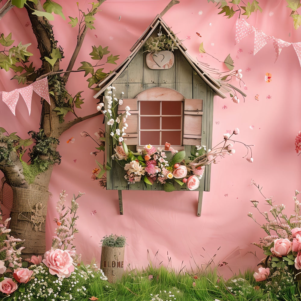 Backdrop Flowers Rustic Pink Treehouse Garden Backdrop BRP12-555