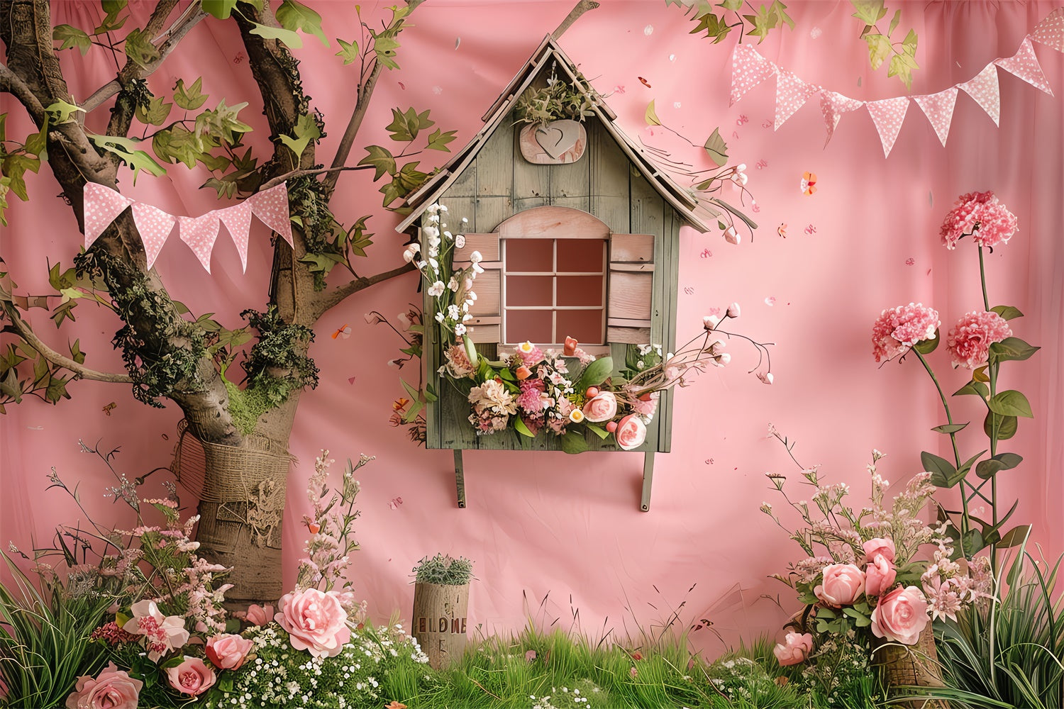 Backdrop Flowers Rustic Pink Treehouse Garden Backdrop BRP12-555