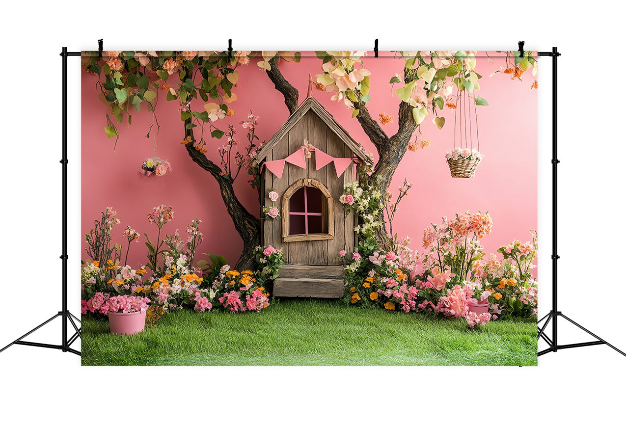 Pink Floral Backdrop Whimsical Treehouse Scene Backdrop BRP12-556