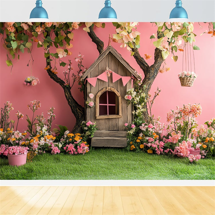 Pink Floral Backdrop Whimsical Treehouse Scene Backdrop BRP12-556