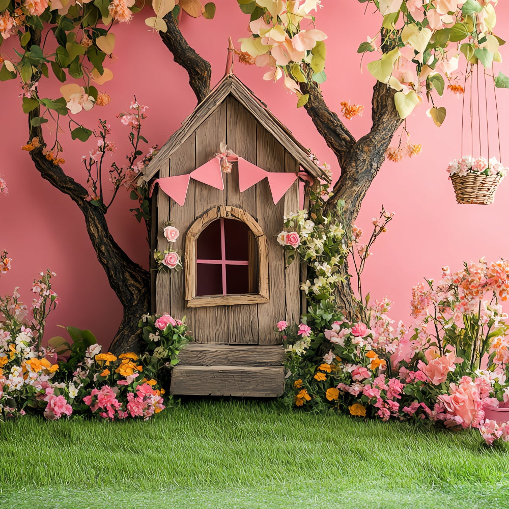 Pink Floral Backdrop Whimsical Treehouse Scene Backdrop BRP12-556