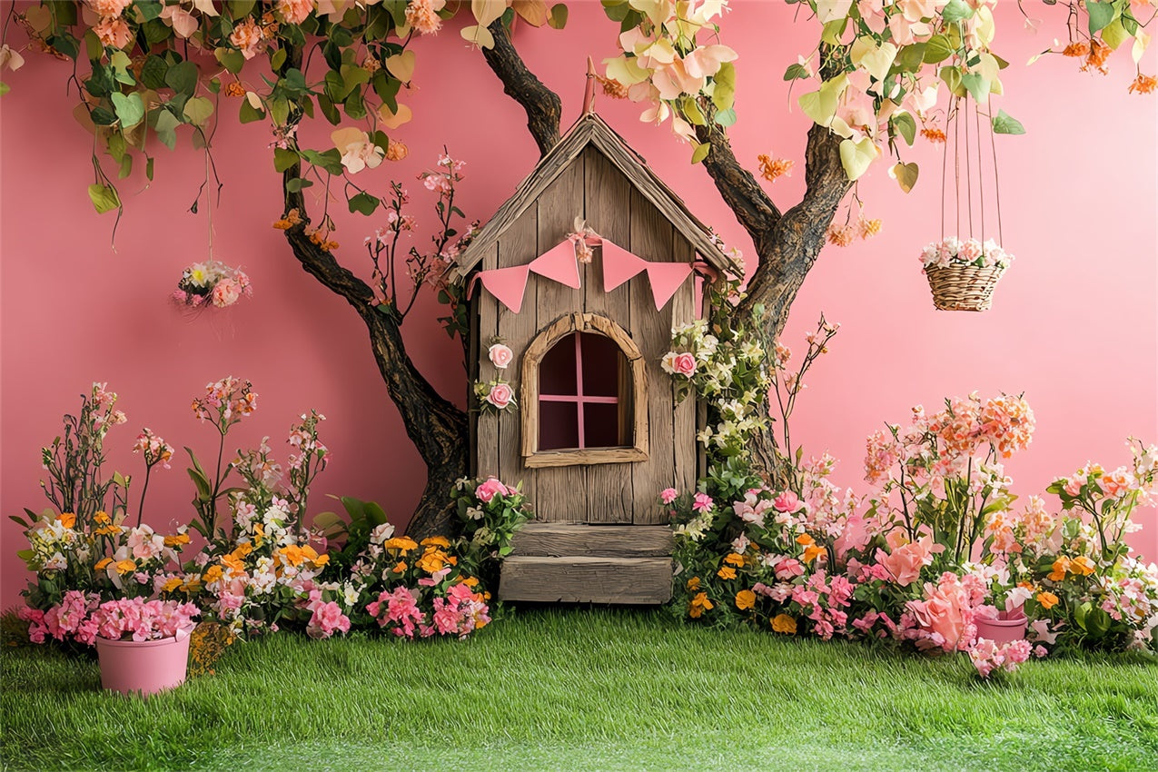 Pink Floral Backdrop Whimsical Treehouse Scene Backdrop BRP12-556