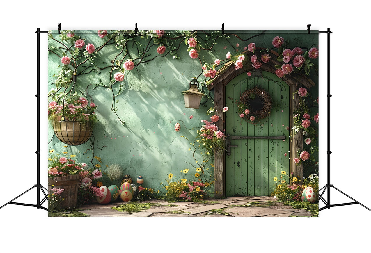 Backdrop With Flowers Green Door Wreath Backdrop BRP12-557