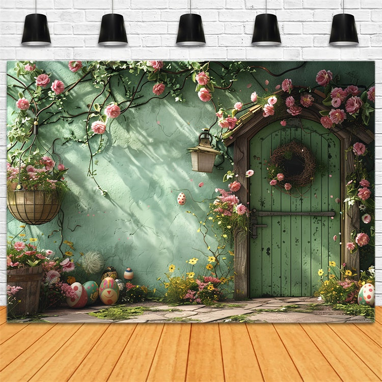 Backdrop With Flowers Green Door Wreath Backdrop BRP12-557