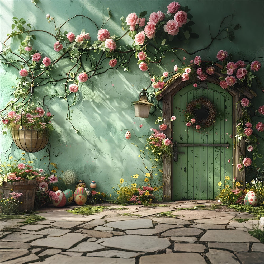 Backdrop With Flowers Green Door Wreath Backdrop BRP12-557