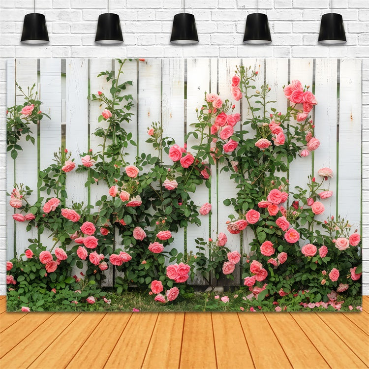 Floral Theme Backdrop White Wooden Fence Climbing Roses Backdrop BRP12-560