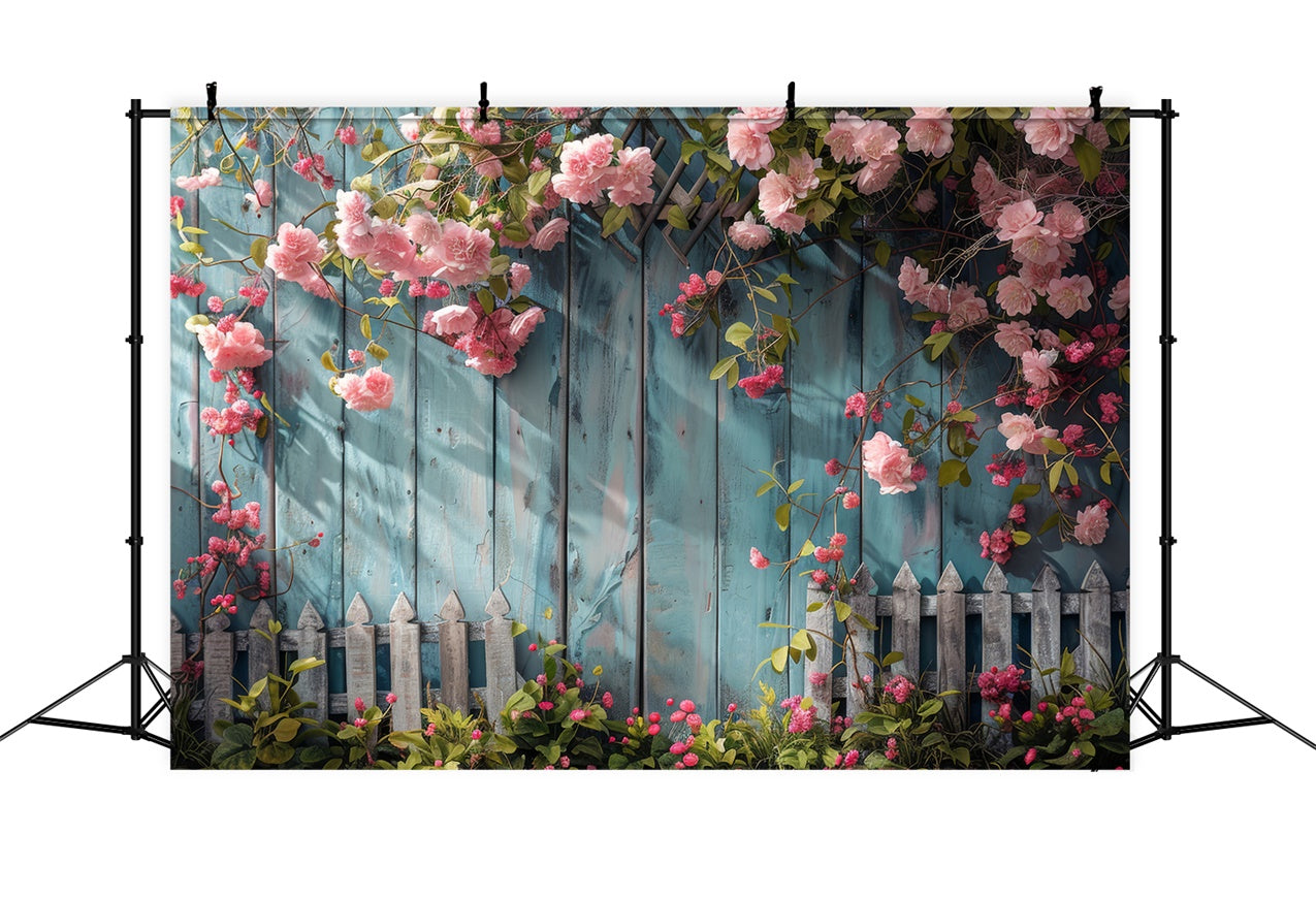 Flower Hanging Backdrop Blue Wooden Fence Blooms Backdrop BRP12-561