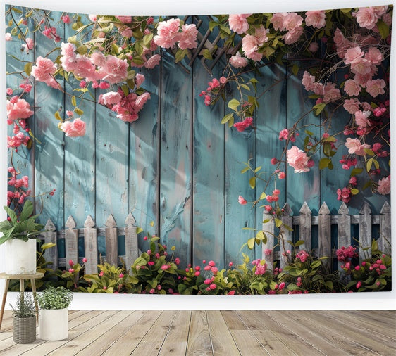 Flower Hanging Backdrop Blue Wooden Fence Blooms Backdrop BRP12-561