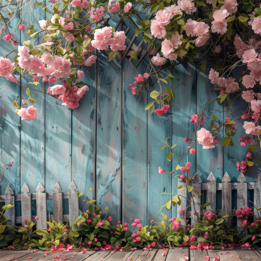 Flower Hanging Backdrop Blue Wooden Fence Blooms Backdrop BRP12-561