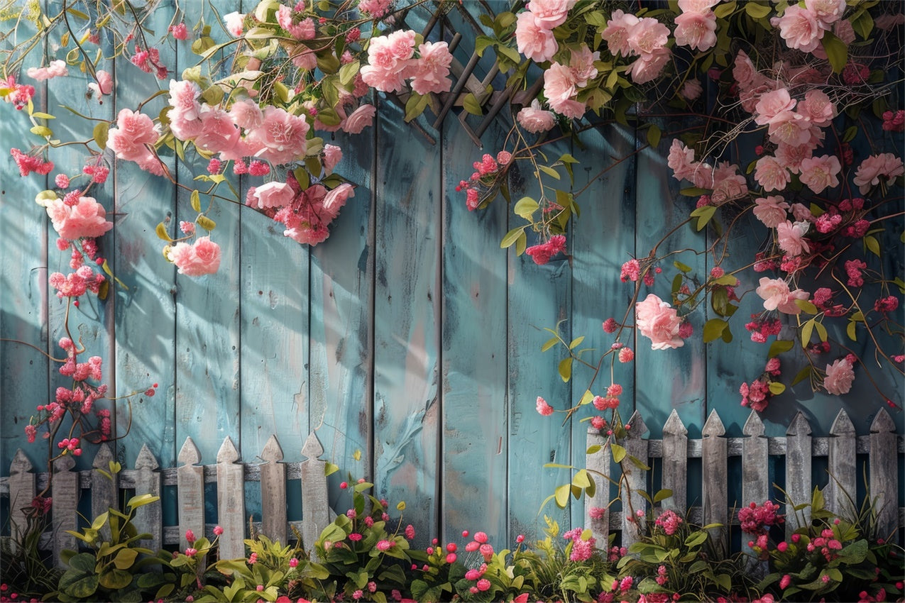 Flower Hanging Backdrop Blue Wooden Fence Blooms Backdrop BRP12-561