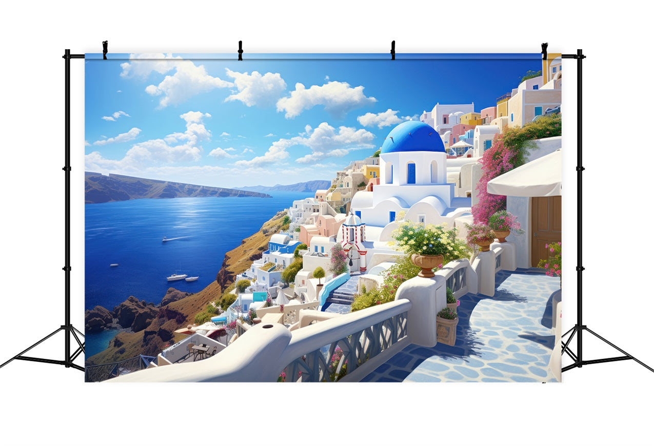 Architecture Backdrop Santorini Coastal Town Blue Sky Backdrop BRP12-640