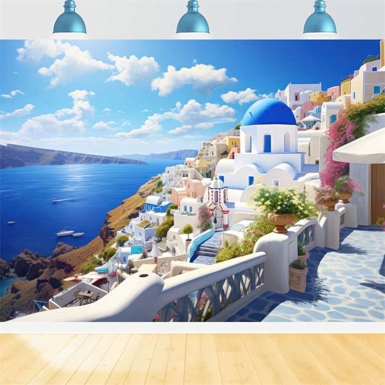 Architecture Backdrop Santorini Coastal Town Blue Sky Backdrop BRP12-640