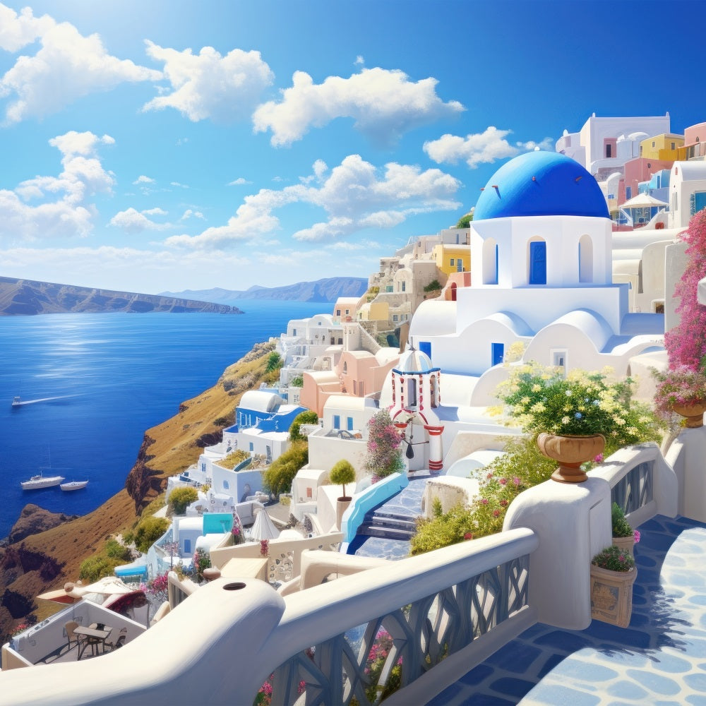 Architecture Backdrop Santorini Coastal Town Blue Sky Backdrop BRP12-640