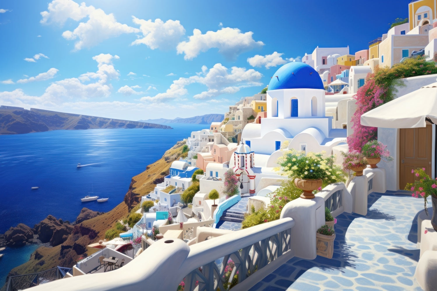 Architecture Backdrop Santorini Coastal Town Blue Sky Backdrop BRP12-640