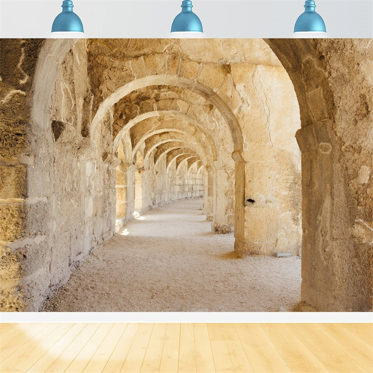 Architecture Backdrop Rustic Romanesque Stone Hallway Backdrop BRP12-648