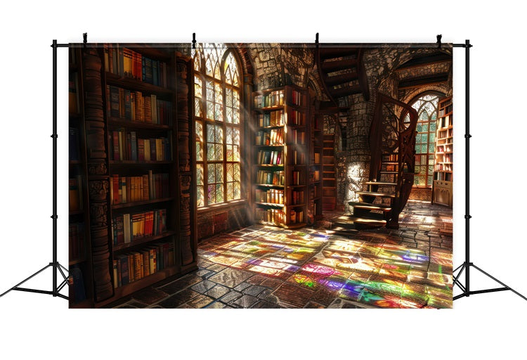 Architecture Backdrop Sunlit Gothic Library Stained Backdrop BRP12-650