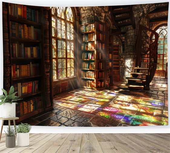 Architecture Backdrop Sunlit Gothic Library Stained Backdrop BRP12-650