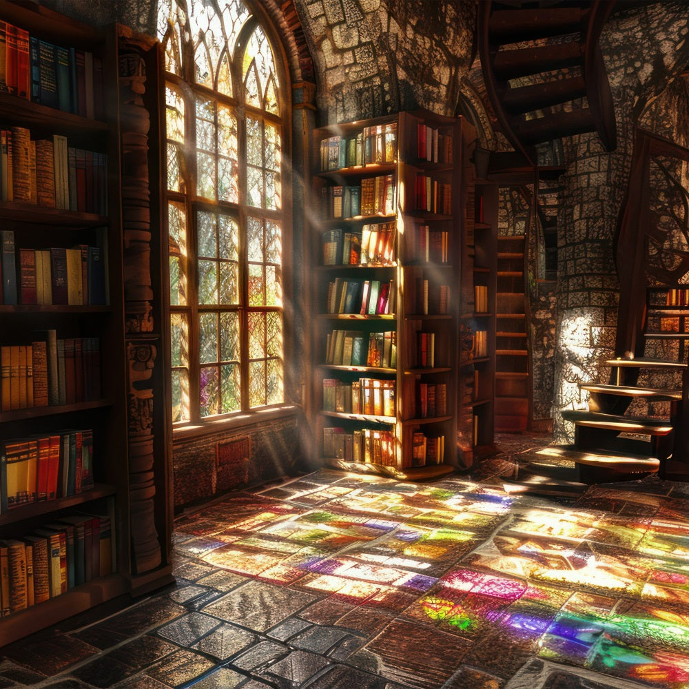 Architecture Backdrop Sunlit Gothic Library Stained Backdrop BRP12-650