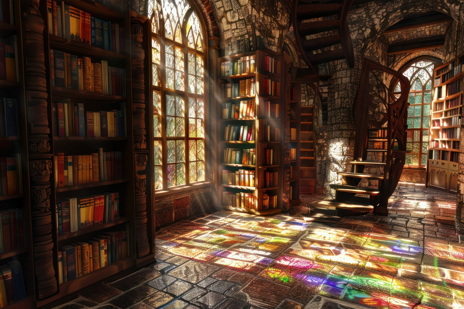 Architecture Backdrop Sunlit Gothic Library Stained Backdrop BRP12-650