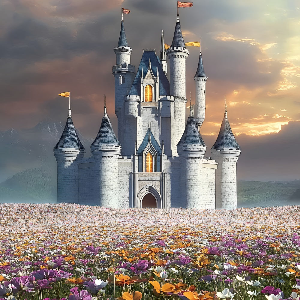 Architecture Backdrop Majestic Castle Blooming Flowers Backdrop BRP12-661