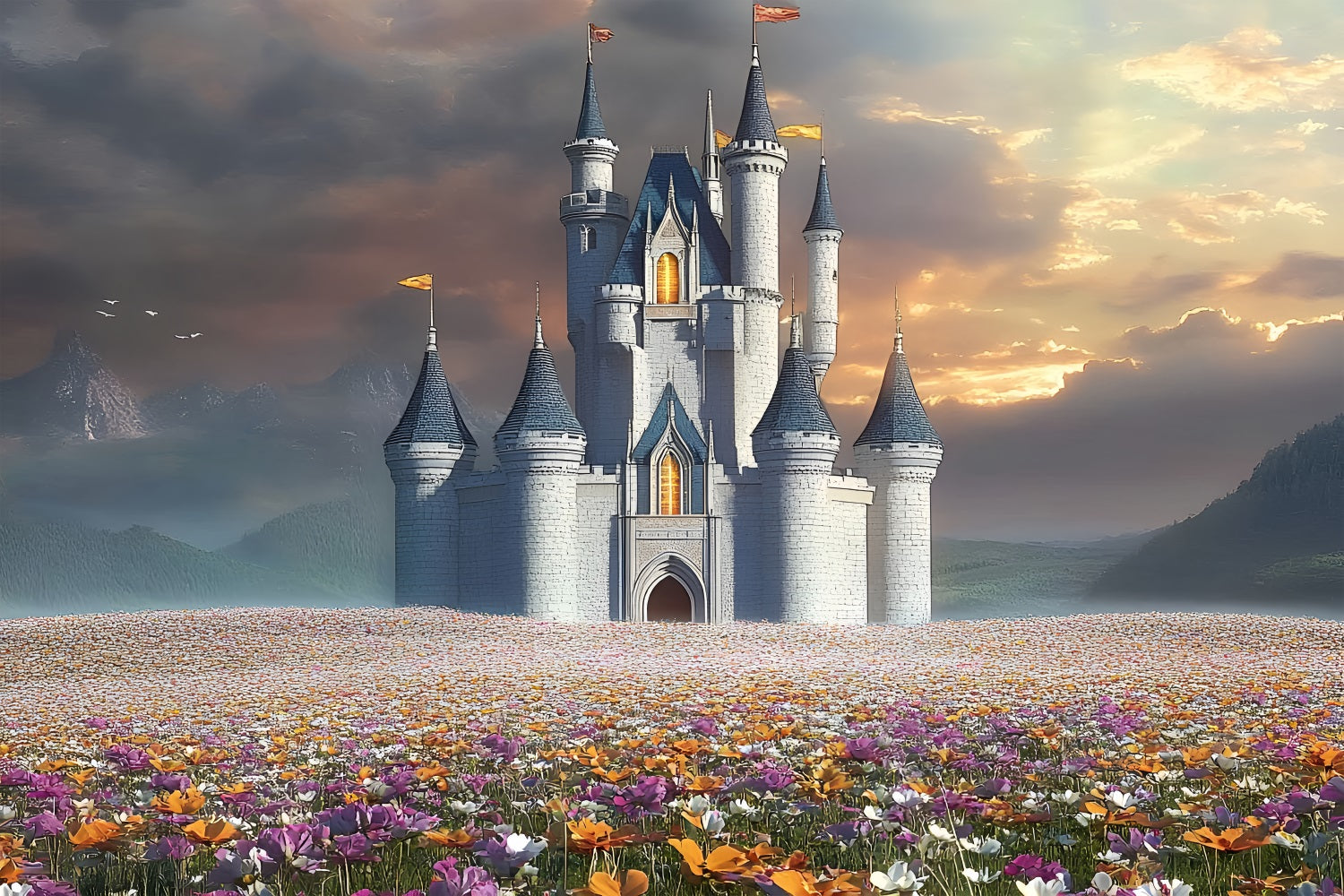 Architecture Backdrop Majestic Castle Blooming Flowers Backdrop BRP12-661