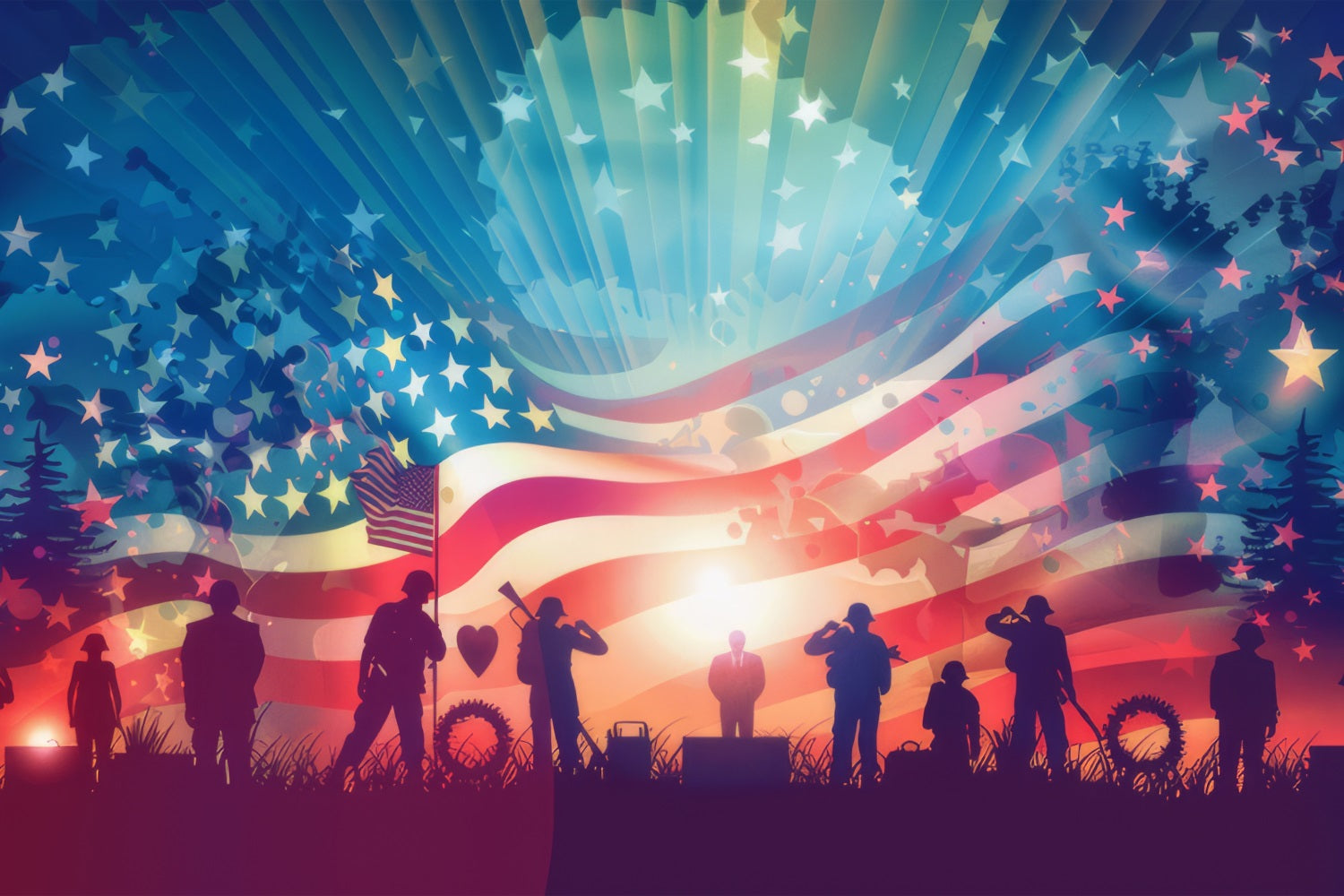 Backdrop American Flag Honoring Veterans Silhouette Patriotic Backdrop BRP12-684