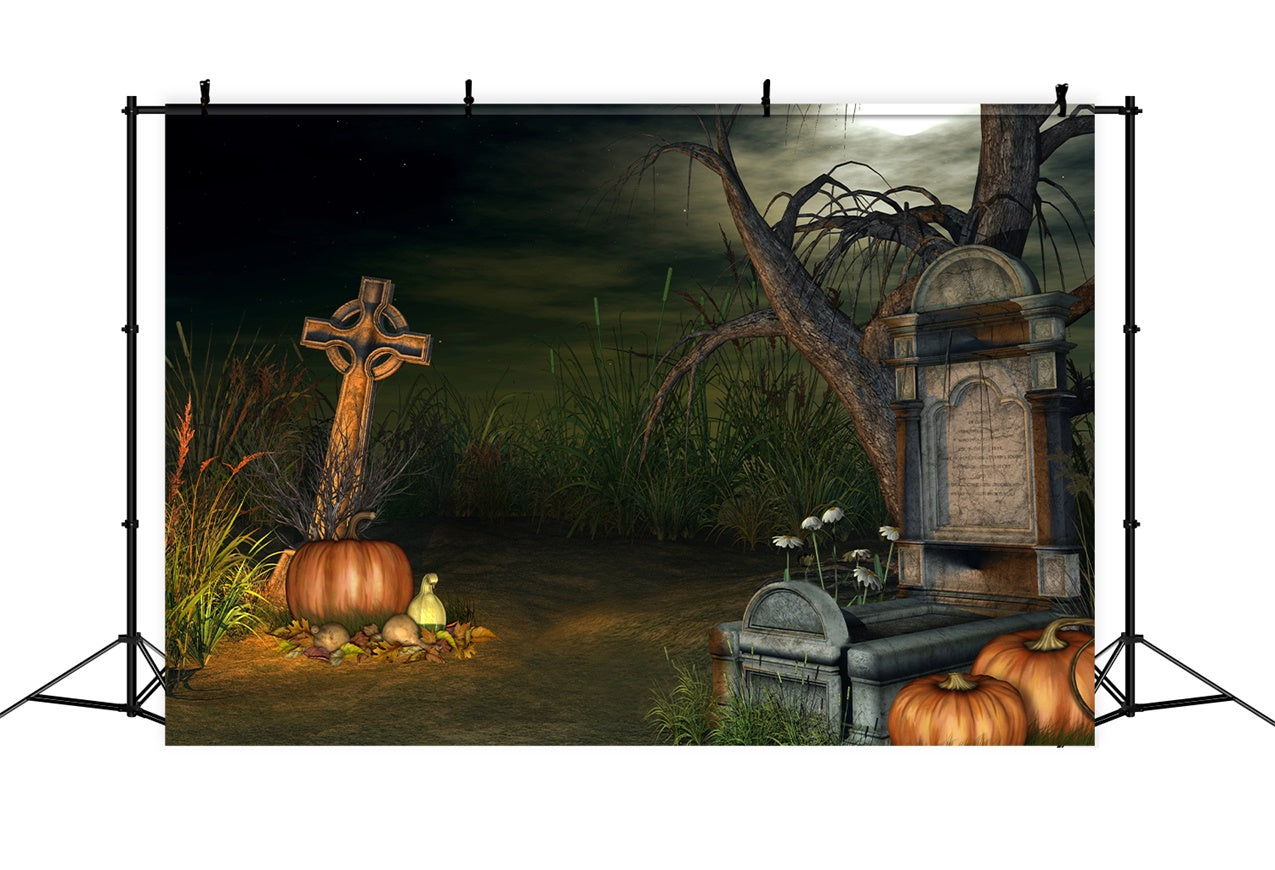 Coffin Backdrop Halloween Graveyard Creepy Pumpkins Backdrop BRP12-691