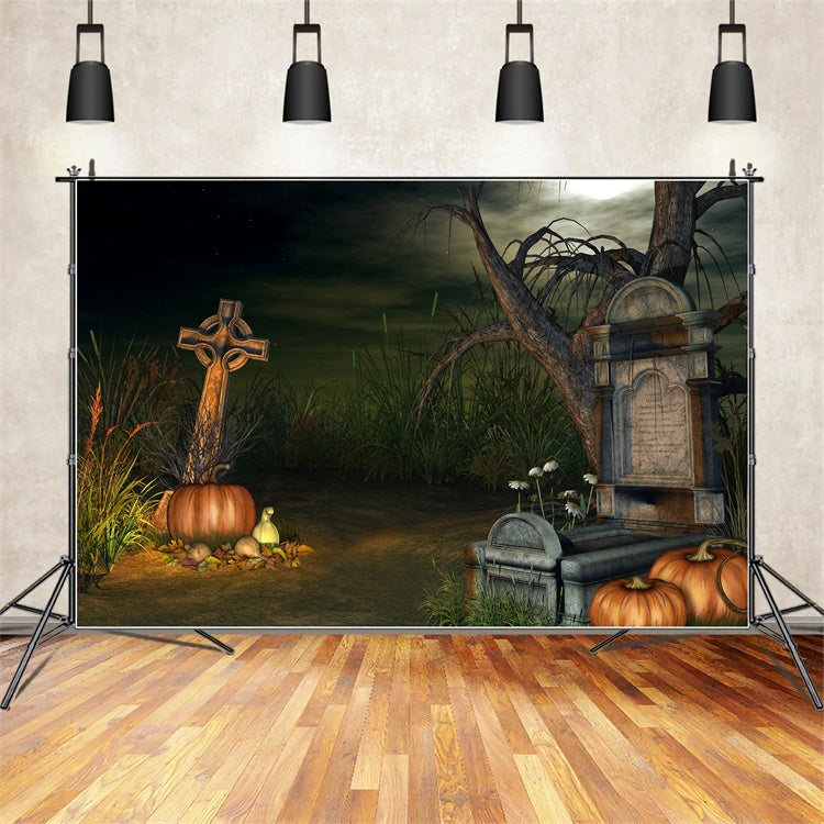 Coffin Backdrop Halloween Graveyard Creepy Pumpkins Backdrop BRP12-691