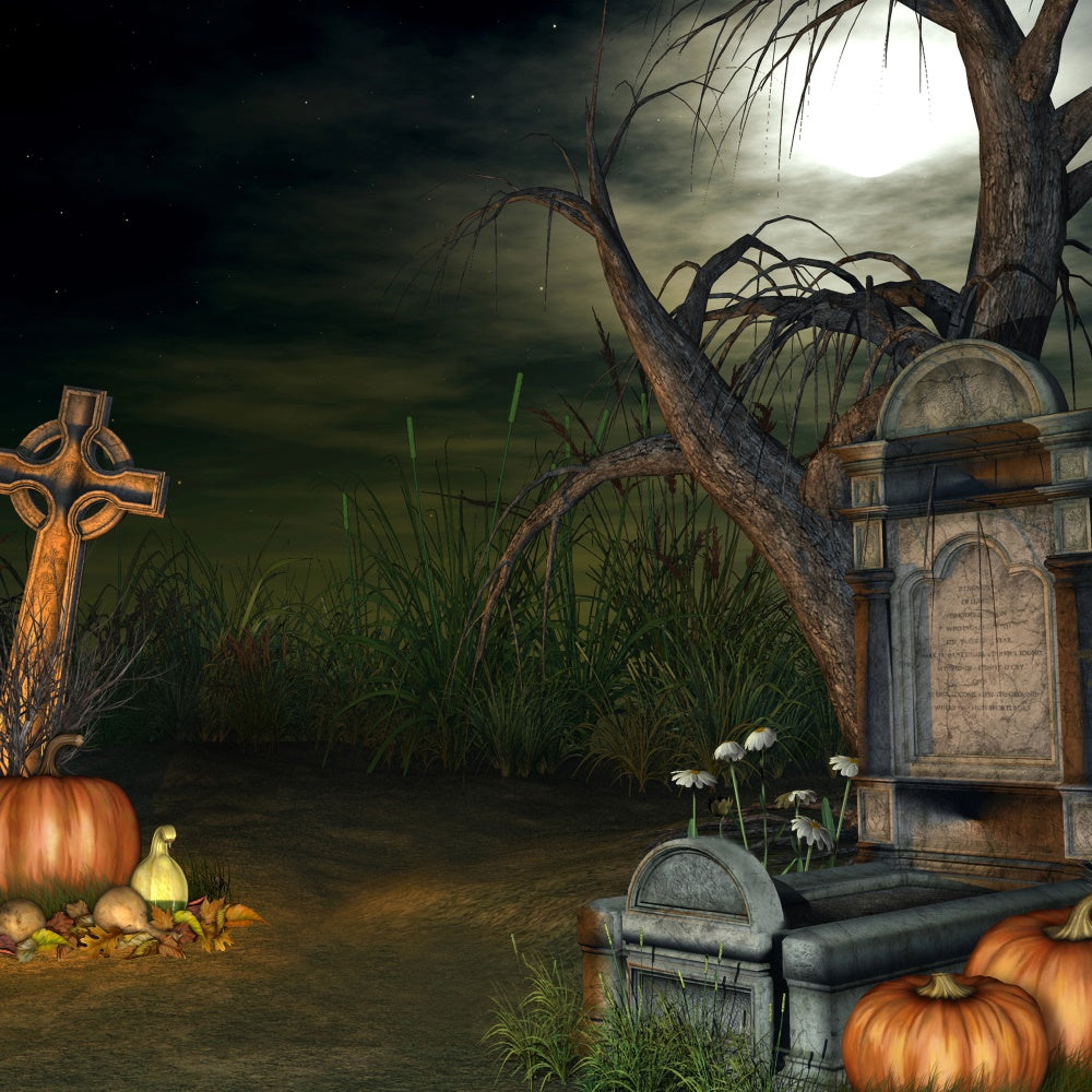 Coffin Backdrop Halloween Graveyard Creepy Pumpkins Backdrop BRP12-691