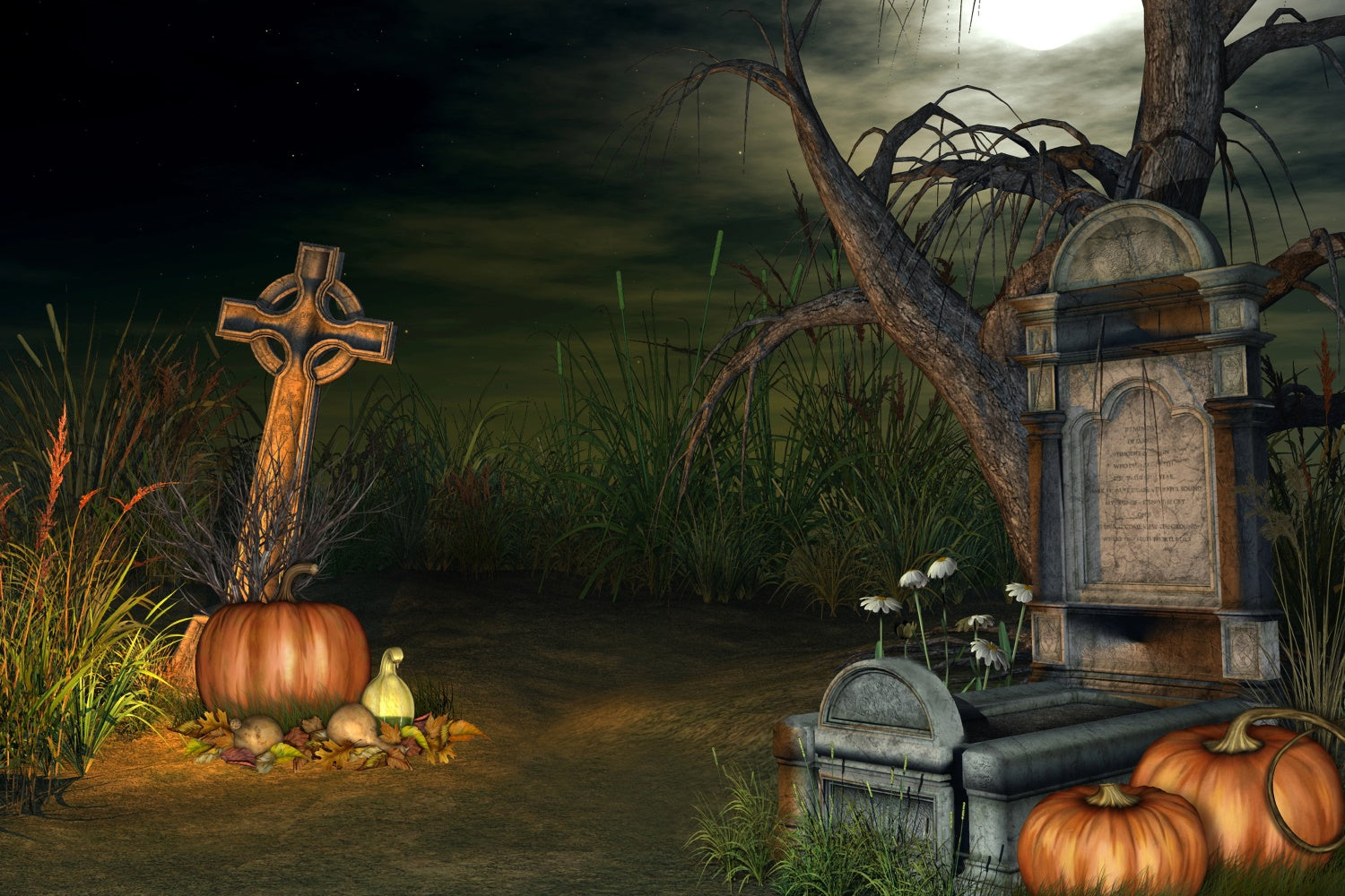 Coffin Backdrop Halloween Graveyard Creepy Pumpkins Backdrop BRP12-691