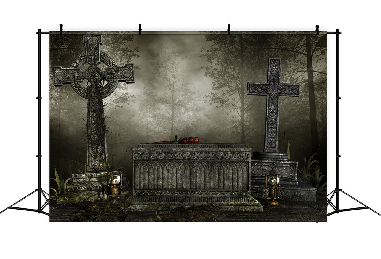 Coffin Backdrop Gothic Cross Coffin Foggy Forest Backdrop BRP12-692