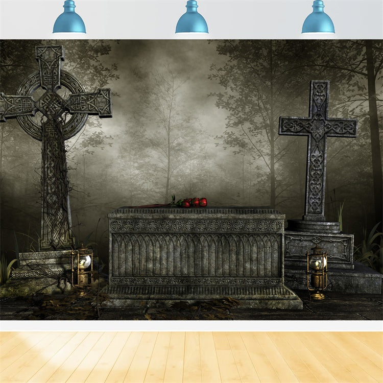 Coffin Backdrop Gothic Cross Coffin Foggy Forest Backdrop BRP12-692