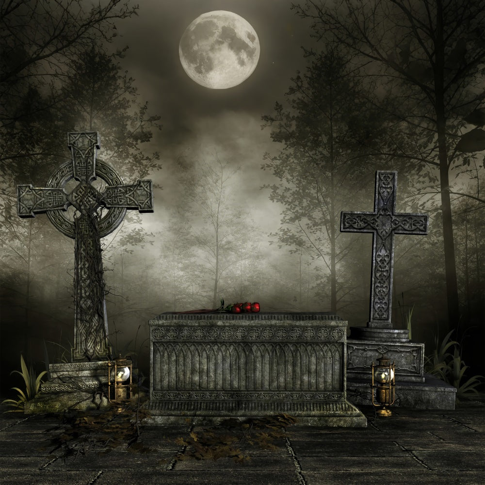 Coffin Backdrop Gothic Cross Coffin Foggy Forest Backdrop BRP12-692