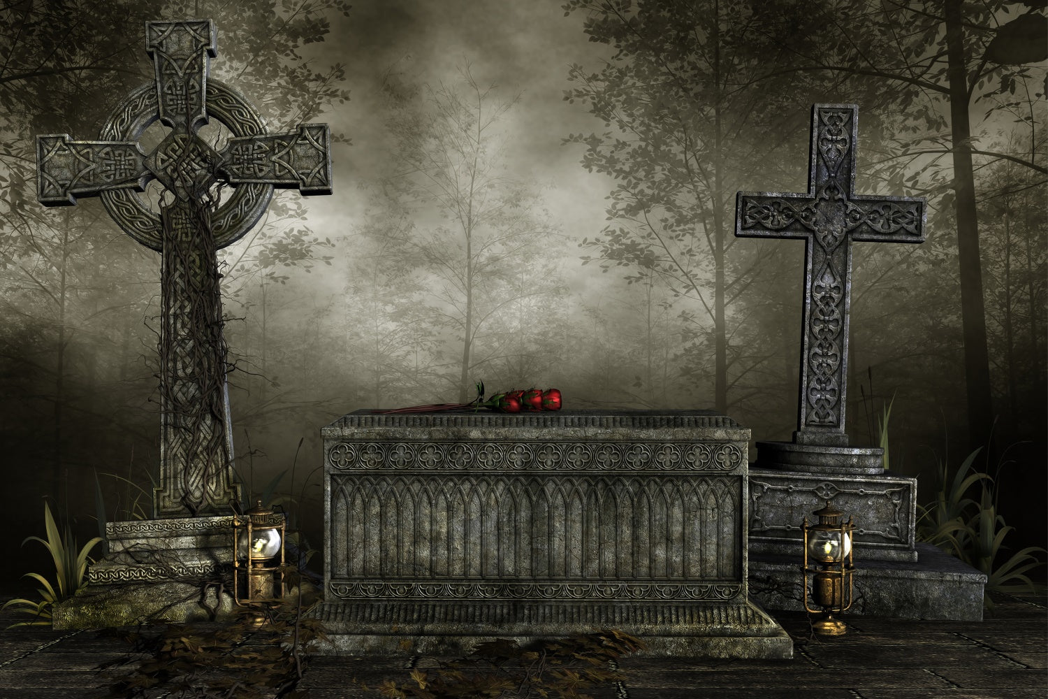 Coffin Backdrop Gothic Cross Coffin Foggy Forest Backdrop BRP12-692