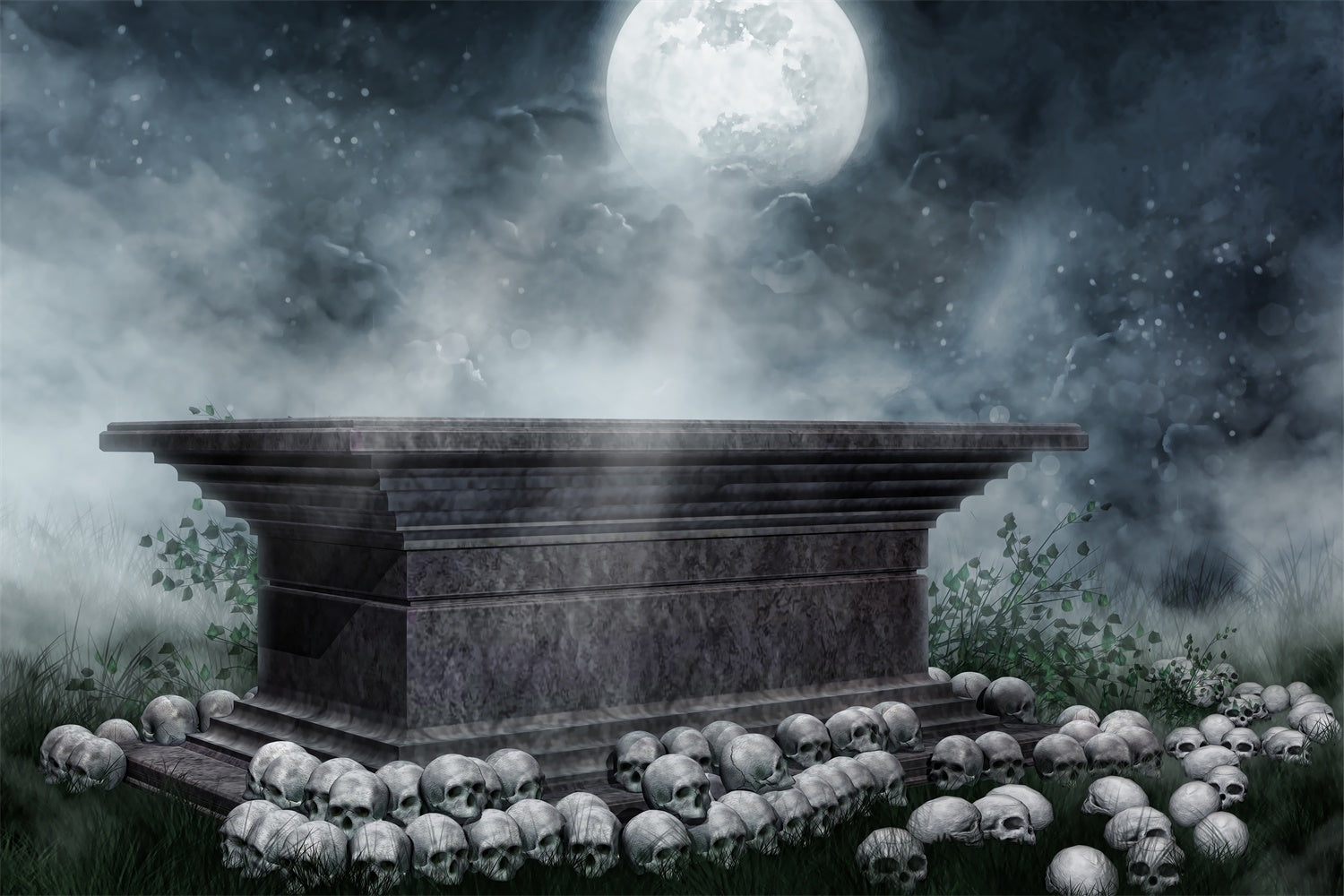 Coffin Backdrop Eerie Coffin Mist Skull Scene Backdrop BRP12-693